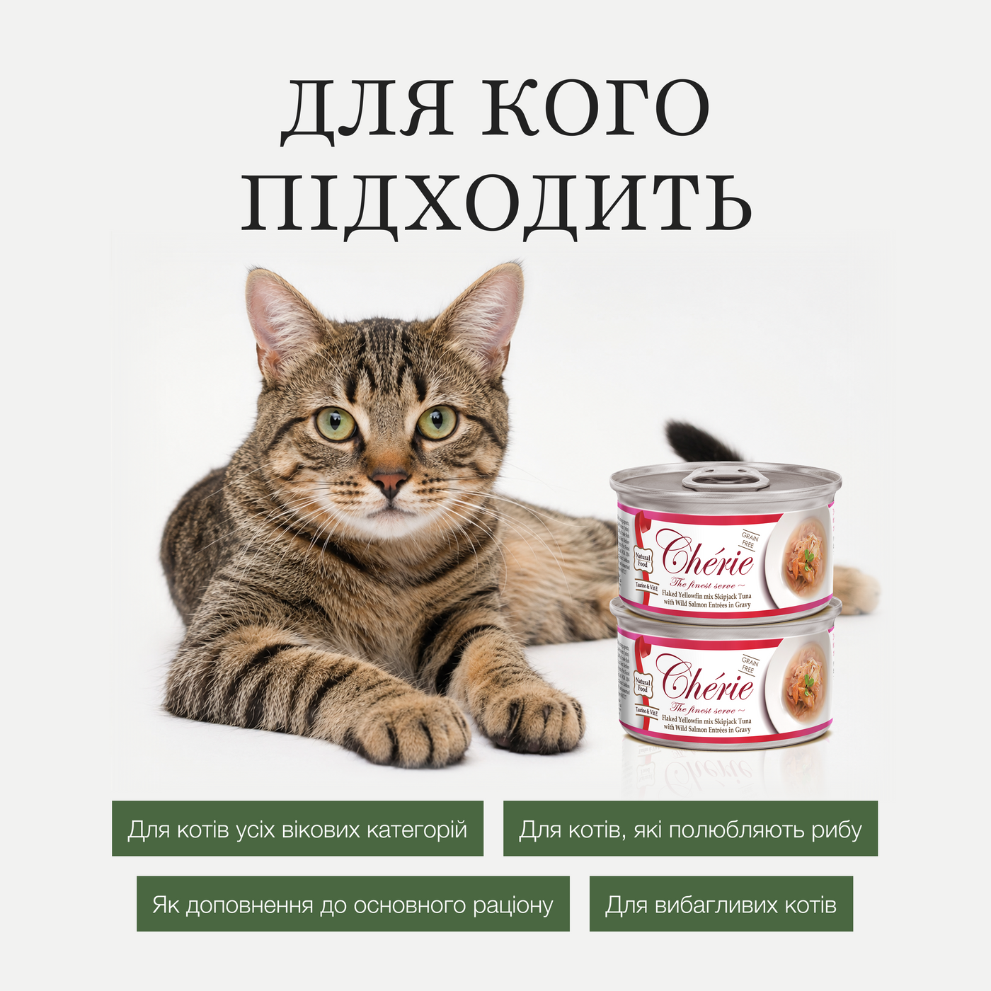 Влажный беззерновой корм Cherie (Чери) Cat Grain Free Tuna & Salmon All Life Stages для котов всех возрастов кусочки в соусе с мясом тунца и лосося 80 г (арт CHS14302) original3