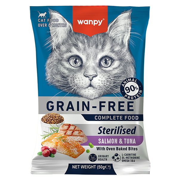 Сухой беззерновой корм Wanpy (Ванпи) Cat Grain Free Salmon & Tuna Sterilized All Life Stages для стерилизованных котов всех возрастов с мясом лосося и тунца 50 г (арт CFF-04-0,05)