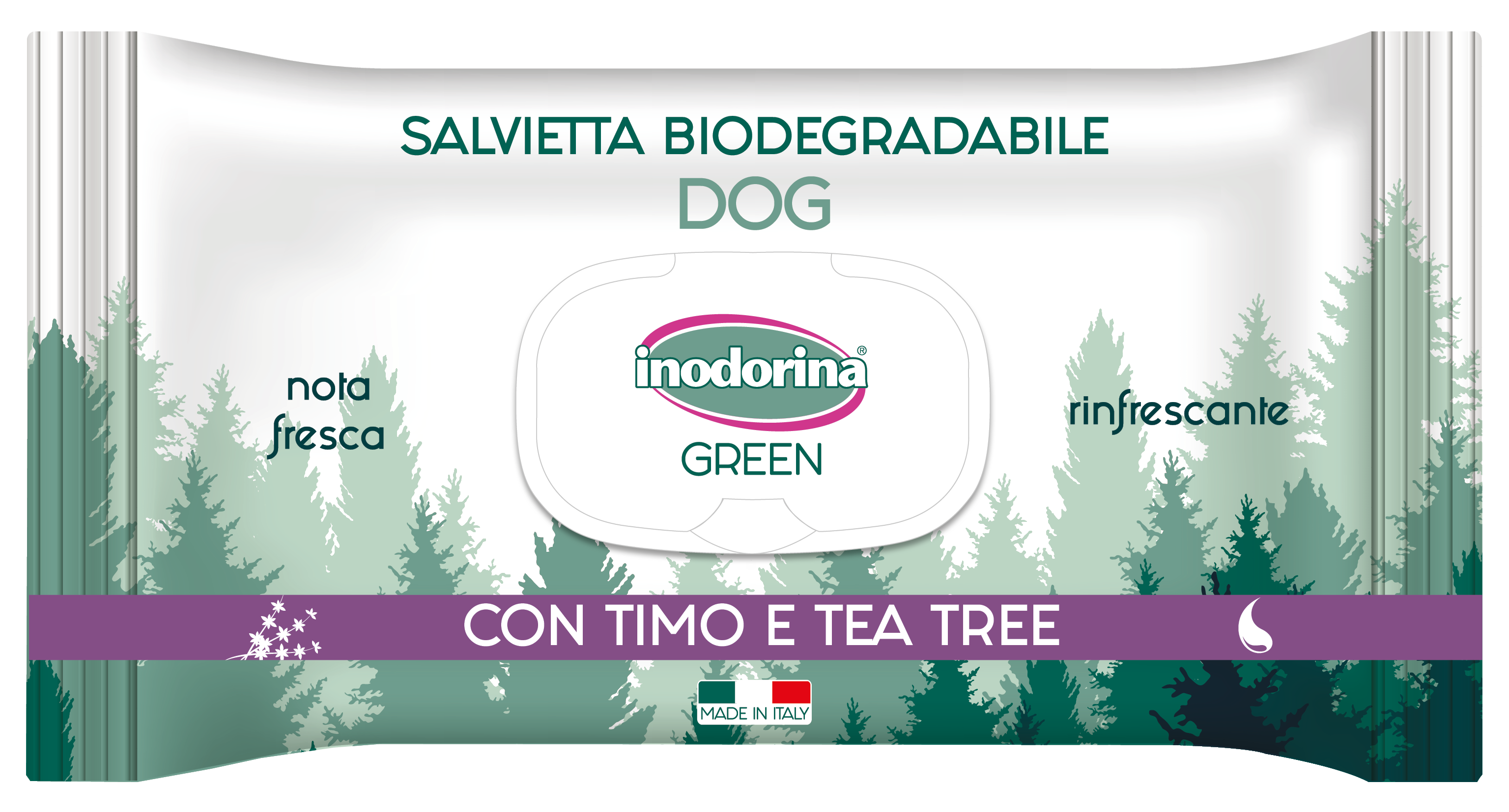 Влажные биоразлагаемые салфетки Inodorina (Инодорина) Green Timo E Tea Tree с тимьяном и чайным девевом для всех типов шерсти собак 30 шт (арт 230.0140.001)