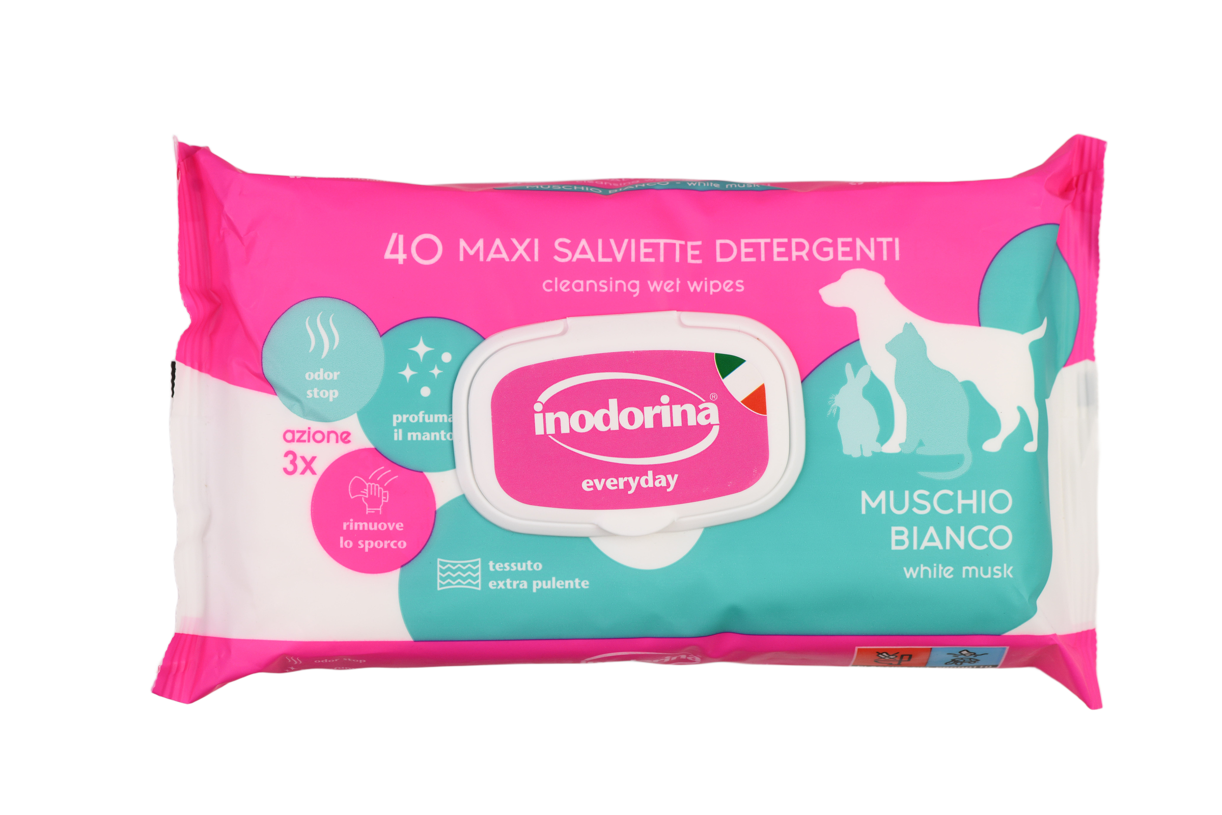 Влажные салфетки Inodorina (Инодорина) Everyday Muschio Bianco для всех типов шерсти кошек, собак и кроликов с ароматом белого мускуса 40 шт (арт 230.0030.005)