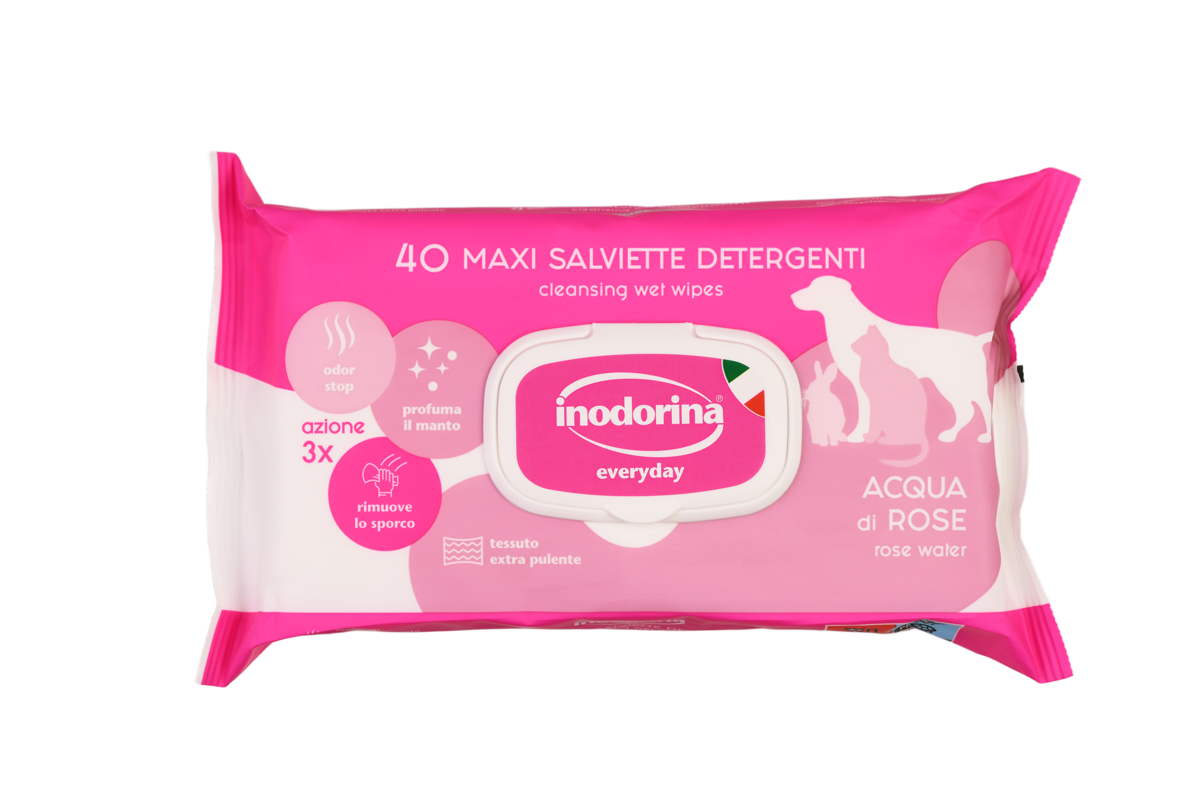 Влажные салфетки Inodorina (Инодорина) Everyday Acqua di Rose для всех типов шерсти кошек собак и грызунов с ароматом розы 40 шт (арт 230.0030.001)