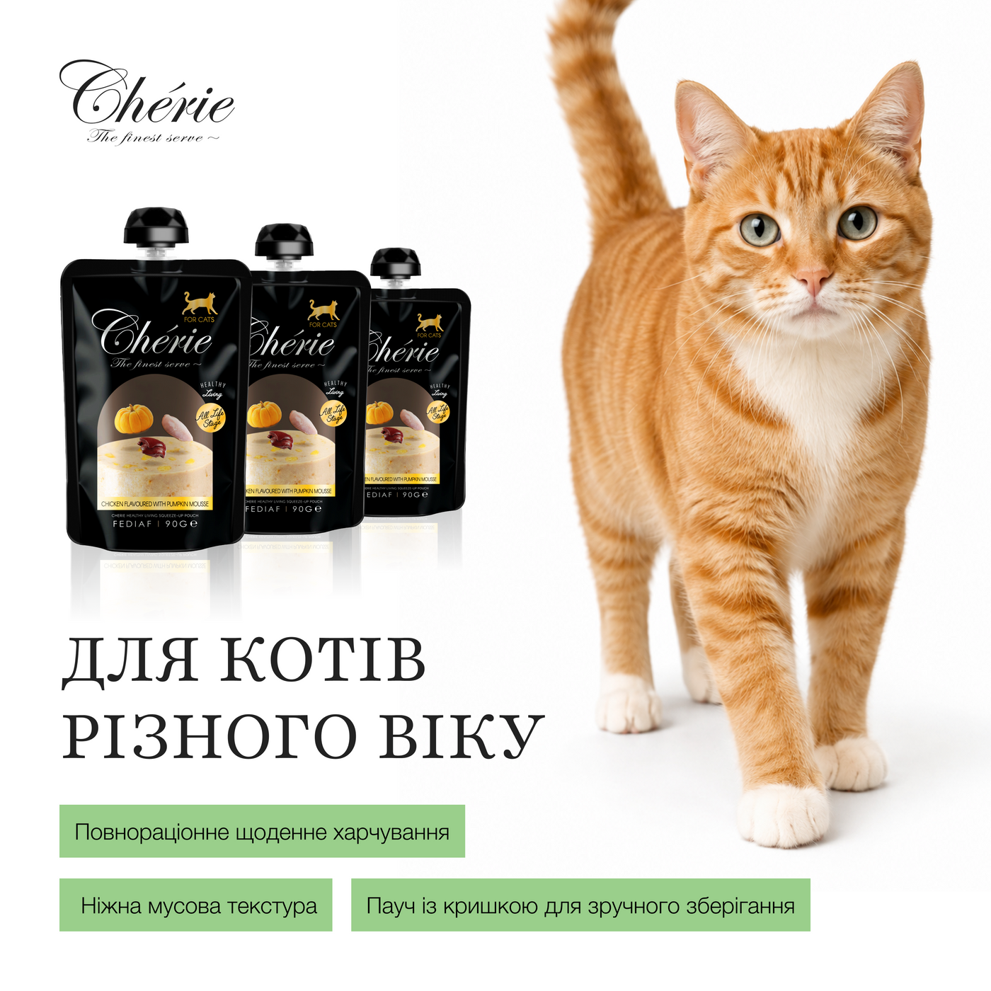 Влажный беззерновой корм Cherie (Чери) Cat Grain Free Chicken & Pumpkin Mousse All Life Stages для котов всех возрастов мусс с мясом курицы и тыквой 90 г (арт 05840) original2