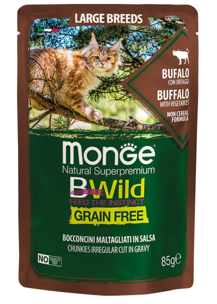 Вологий беззерновий корм Monge (Монж) Bwild Cat Grain Free Buffalo Gravy All Life Stages Large для котів будь-якого віку великих порід шматочки в соусі з м’ясом буйвола 85 г (арт 70012751) original1