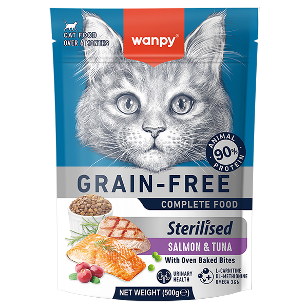 Сухий беззерновий корм Wanpy (Ванпі) Cat Grain Free Salmon & Tuna Sterilized All Life Stages для стерилізованих котів будь-якого віку з м’ясом лосося та тунця 500 г (арт CFF-04-0,5)